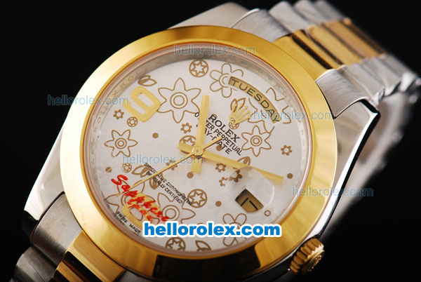 Rolex Day-Date II Oyster Perpetual Automatic Movement Two Tone with Flower Pattern Silver Dial and Gold Bezel - Click Image to Close